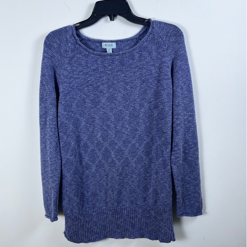 River Women Blue Marl Knit Diamond Texture Button Side Sweater Medium